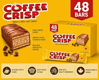 Coffee Crisp Canadian Chocolate Candy Bars, 48 Bars Bulk Pack (Full Size 50g), Imported from Canada, Individually Wrapped Bars for Office Snacks, Parties & Gift Boxes