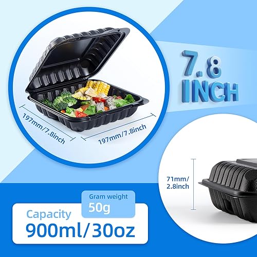 Miniatura 3 de YANGRUI Paquete de 65 recipientes para llevar, paquete de 65 recipientes de 7.8 pulgadas, sin BPA, reutilizables, color negro, envoltura retráctil