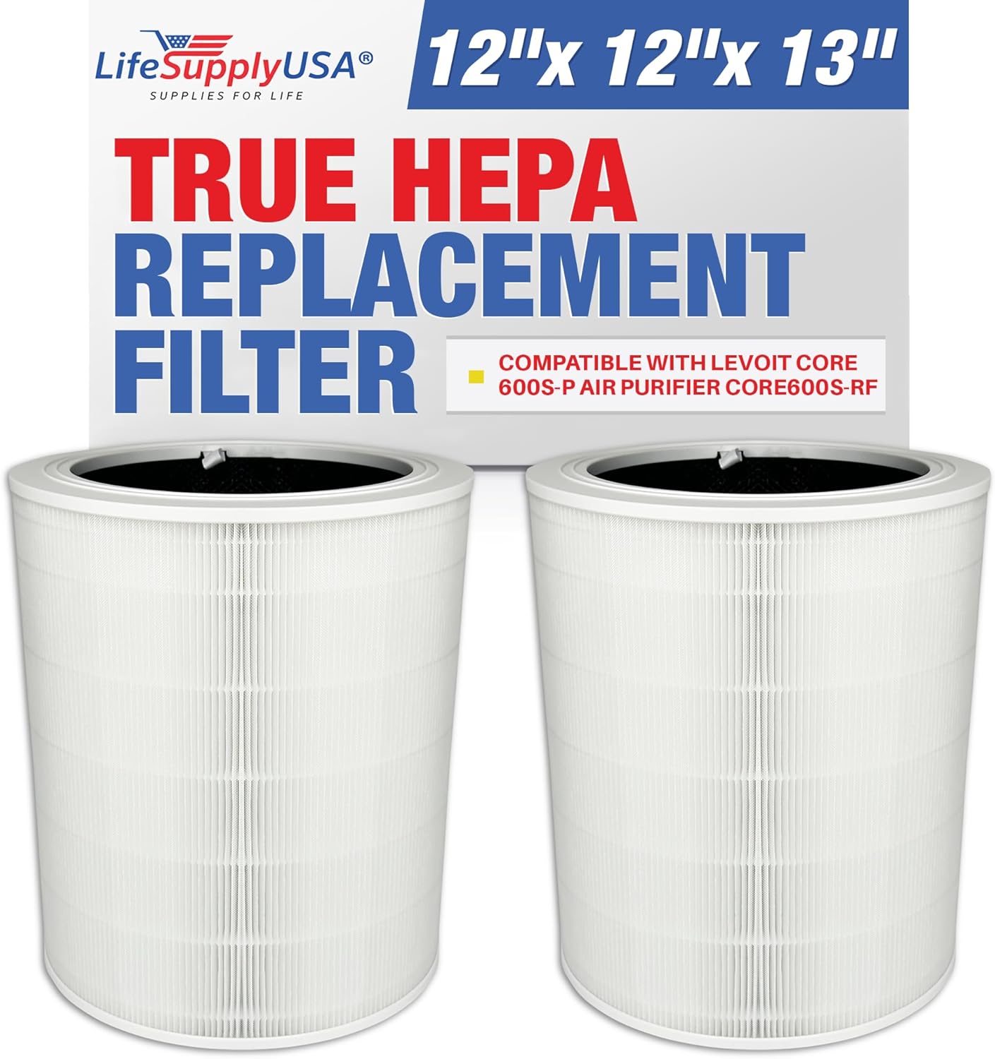 Core 600S Replacement Filter True HEPA H13 Compatible with Core 600S Air Purifier & 600S-RF 3-in-1 Activated Carbon Filter by LifeSupplyUSA (2-Pack)