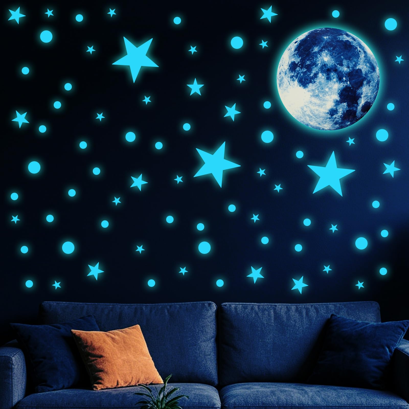Pegatinas de pared fosforescentes Luna Estrellas compatibles con dormitorio salón, pegatinas adhesivas, color azul 20 cm