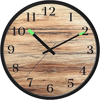 Wood Light Brown Night Light Wall Clock Light Up Luminous Non-Ticking Silent Battery Operated Clocks 12 Inch for Kitchen Home