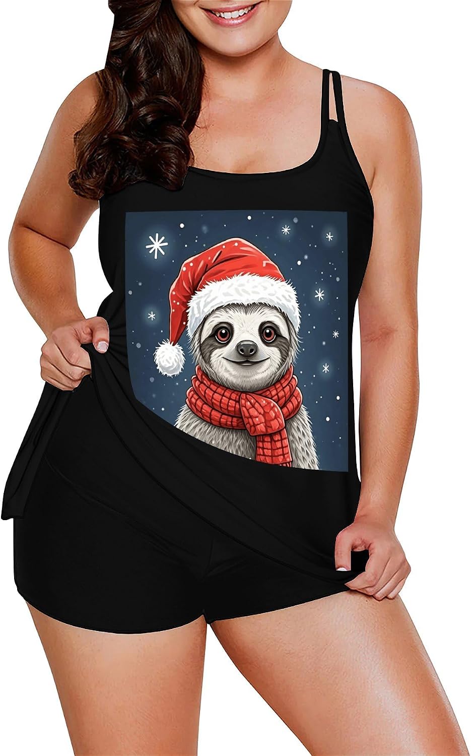 Christmas Sloth Tankini Swimsuits for Women Tummy Control Two Piece Bathing Suits Swim Tops with Boy Shorts