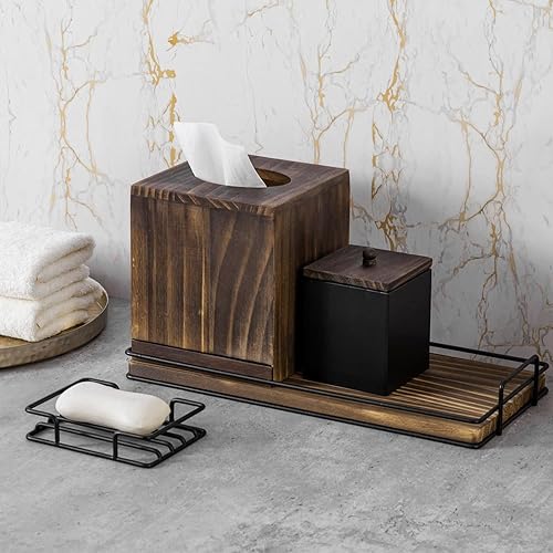 Miniatura 3 de MyGift Juego de 4 accesorios de baño, madera quemada rústica y metal negro mate industrial - Funda para caja de pañuelos, jabonera, soporte para