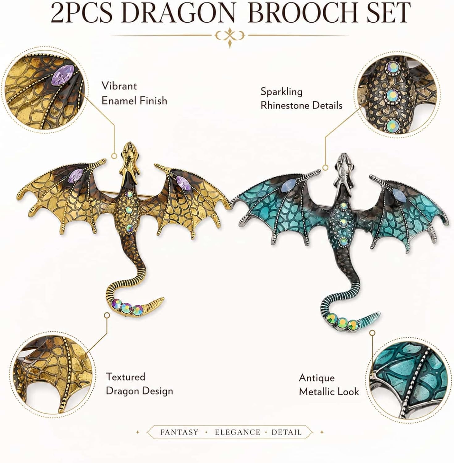 2PCS Dragon Brooch Pin Set,Fantasy Enamel & Rhinestone Flying Dragon Lapel Pins,Gothic,Steampunk,Cosplay Jewelry Accessory Gifts for Clothing,Hats,Bags image 3