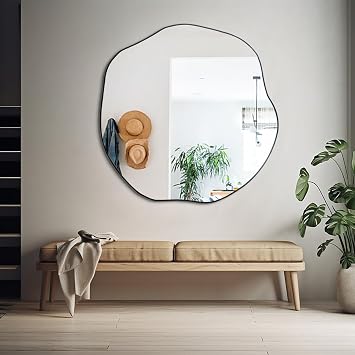 POZINO Scalloped Irregular Mirror, 35" Asymmetrical Decorative Accent Mirror for Wall, Organic Shape Frameless Mirrors for Entryway Living Room Bedroom, Horizontal or Vertical Hanging