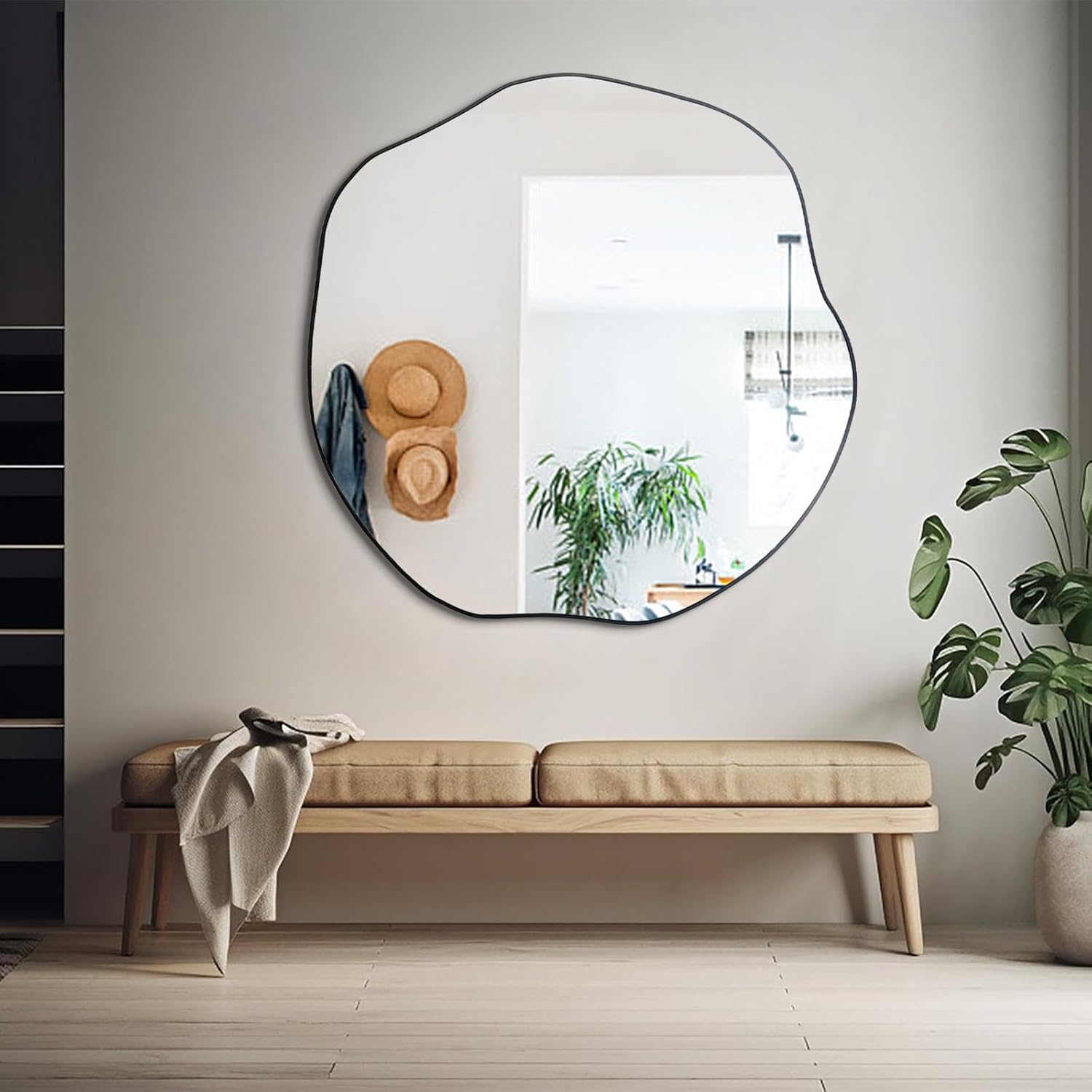 POZINO Irregular Mirror 35 Large Asymmetrical Circle Mirrors Black Scalloped Rounded Mirror Modern Frameless Abstract Mirrors for Living