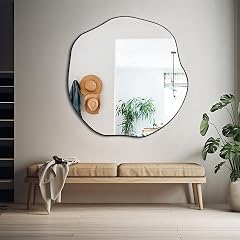 POZINO Irregular Mirror 35 Large Asymmetrical Circle Mirrors Black Scalloped Rounded Mirror Modern Frameless Abstract Mirrors for Living