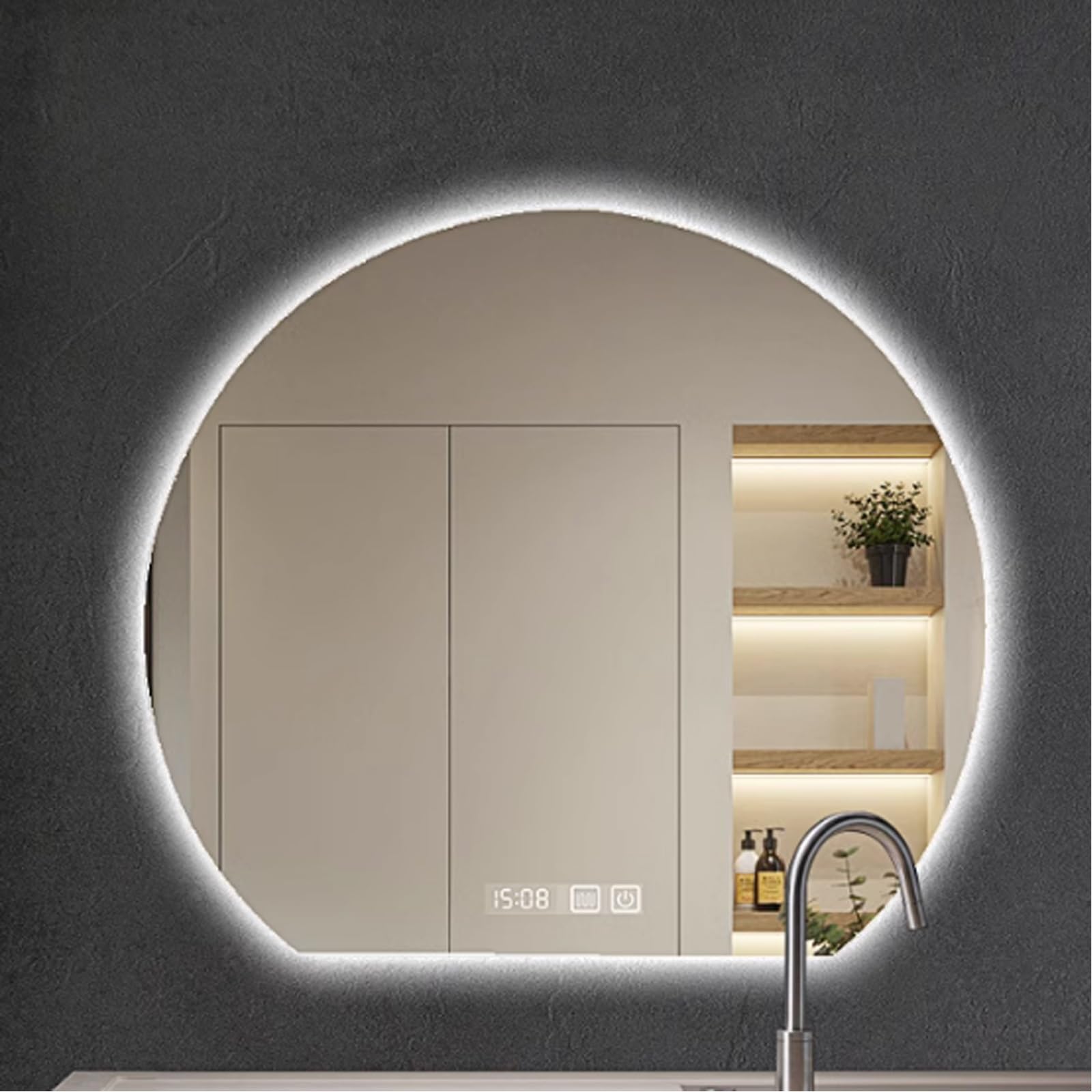 Specchio Espejo de baño semicircular con retroiluminación LED, antivaho, para maquillaje de pared, con 3 luces de color, visualización de hora y temperatura, espejo de tocador moderno para decora