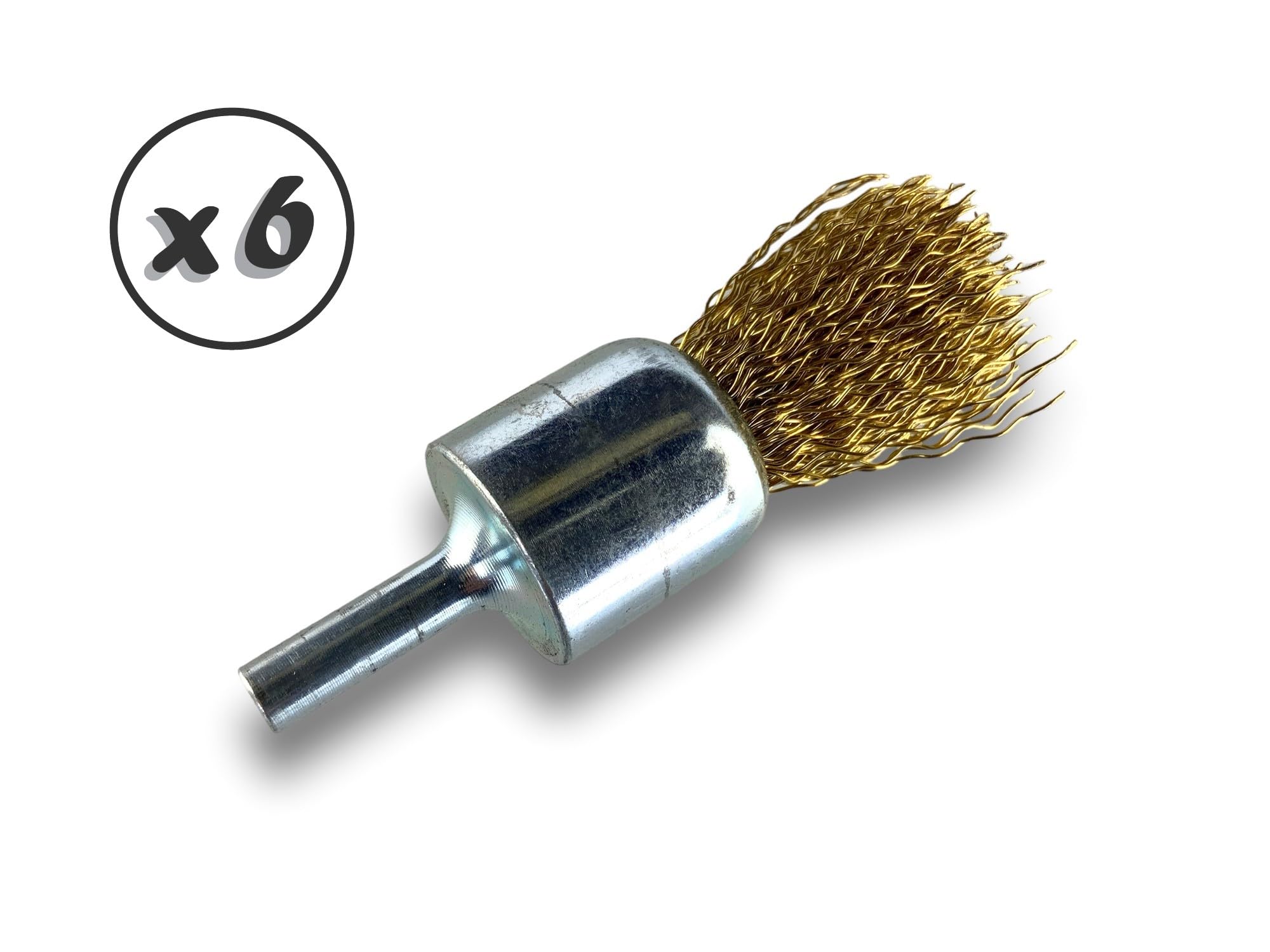 Metalowa szczotka obrotowa z końcówką Ø 22 mm | Zestaw 6 sztuk | Kształt pędzla na trzonku Ø 6 mm | Nici mosiężne Ø 0,30 mm twarde | Do wiertarki lub wkrętarki z uchwytem | Kibros 20LT22x6