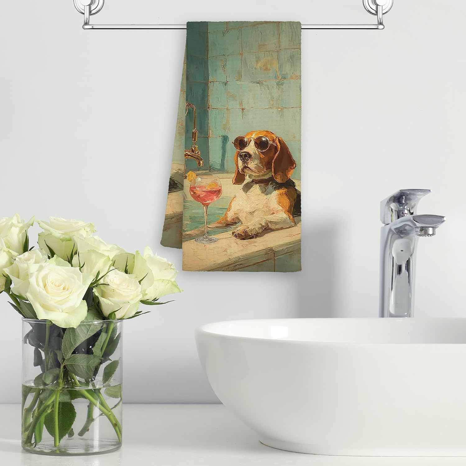 Funny Dog Beagle Bathroom Towels, Cocktail Bar Dish Towel Gifts for Dog Lovers Christmas, Cool Sunglasses Hand Towels Decor for Bathroom Kitchen, Vintage Retro Tea Towel for Dorm Home 16x24in image 2
