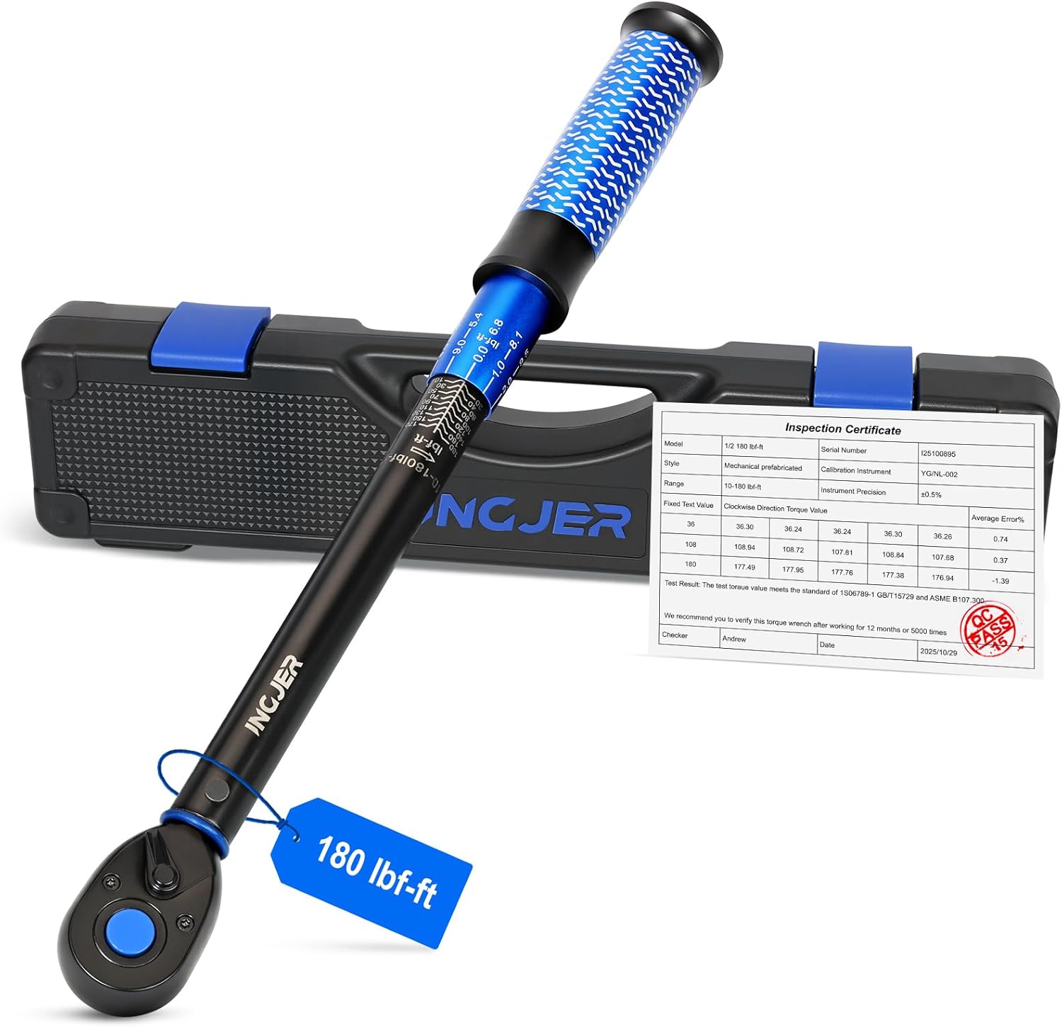 UPGRADE 1/2" Drive Click Torque Wrench,10-180ft.lb,Dual-Direction Adjustable 72 Tooth Click Torque Wrench for Bike, Motorcycle,Professionals & DIYers,Blue