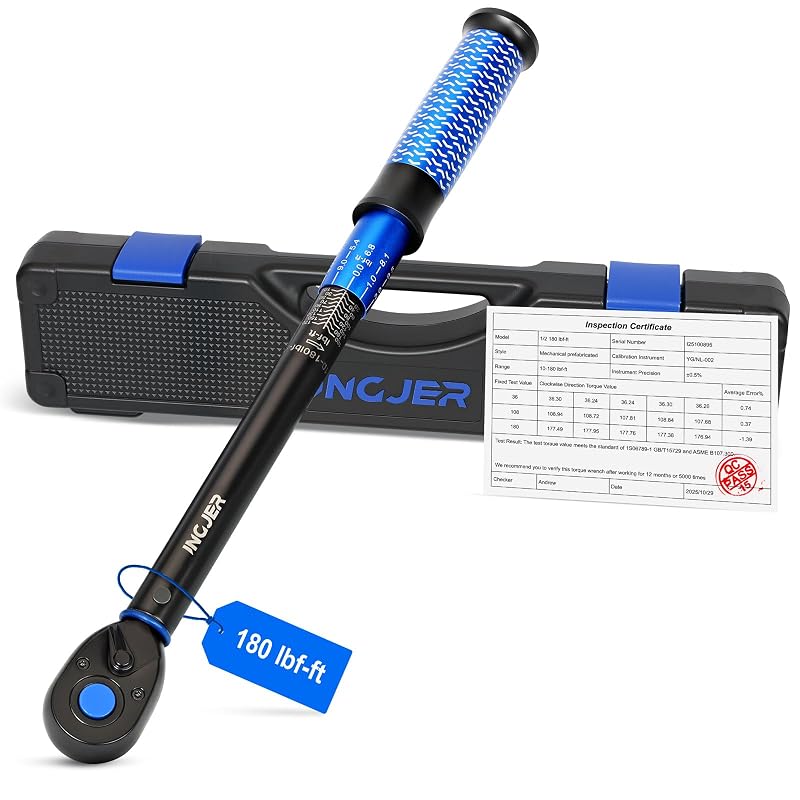 Chave de torque INGJER com catraca reversível, acionamento de 12,7 mm (1/2 pol.), 13,6–244,1 N·m, azul