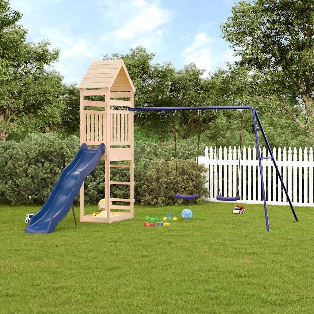 Outdoor Playset Natural Wood Blue Solid Pine Wood Polypropylene with Wavy Slide and Two Saddle Swings for Backyard Fun