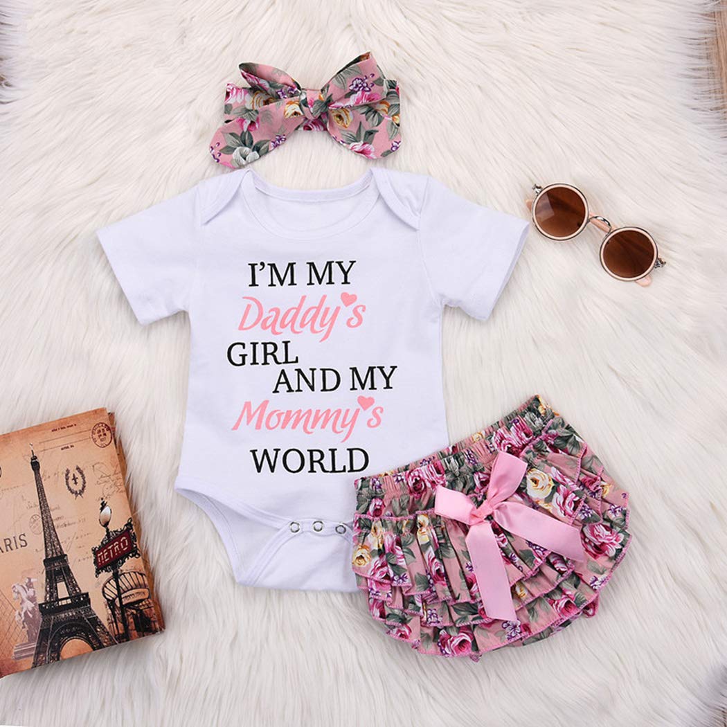 3PCS Newborn Baby Girl Romper Jumpsuit Bodysuit +Pants Shorts+Headband Outfit Set (0-6 Months) White