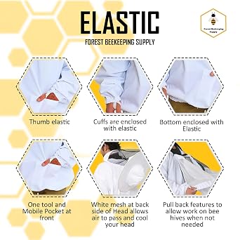 Beekeeping Jacket Pullover Smock Jacket with Removable Veil, Thumb Straps, and Tool Pockets (Large)