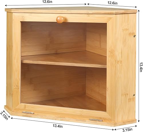 Vista 3 de Panera de esquina de doble capa – Panera de bambú de gran capacidad – Panera para encimera de cocina con separador ajustable, fácil de montar