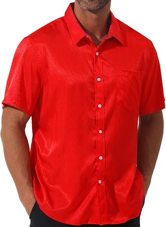 fohemr Men Satin Shirt Short Sleeve Button Down Shirt Jacquard Dress Solid Party Wedding Tops