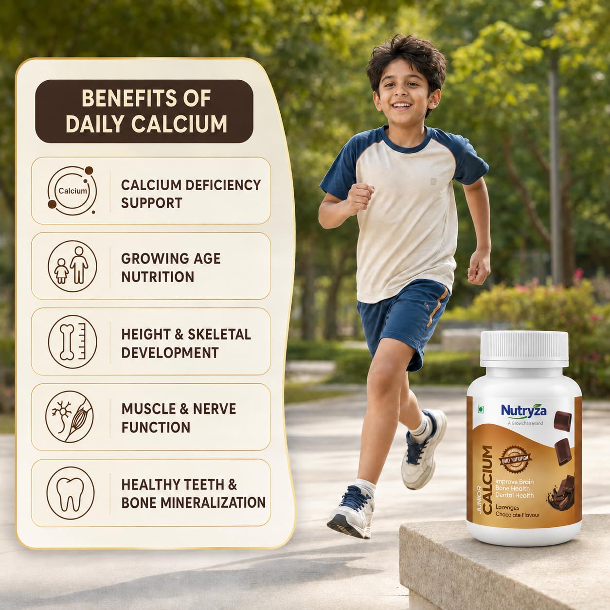 Nutryza Junior Calcium for Kids | 320 mg Elemental Calcium Chewable Lozenges | Chocolate Flavour | Supports Bone, Teeth & Gum Health For Children Above 2 Years | 30 Lozenges — Amazon image 5