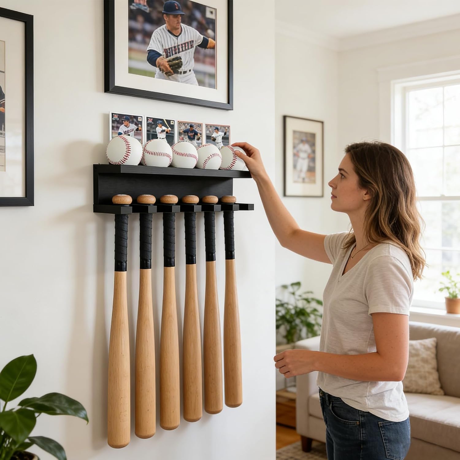 Baseball Holder Wall Mounted, Black Baseball Display Case Can Hold 5 Sets of Baseballs and Bats, Wooden Storage Rack Stand Hanger Softball Storage Organizer