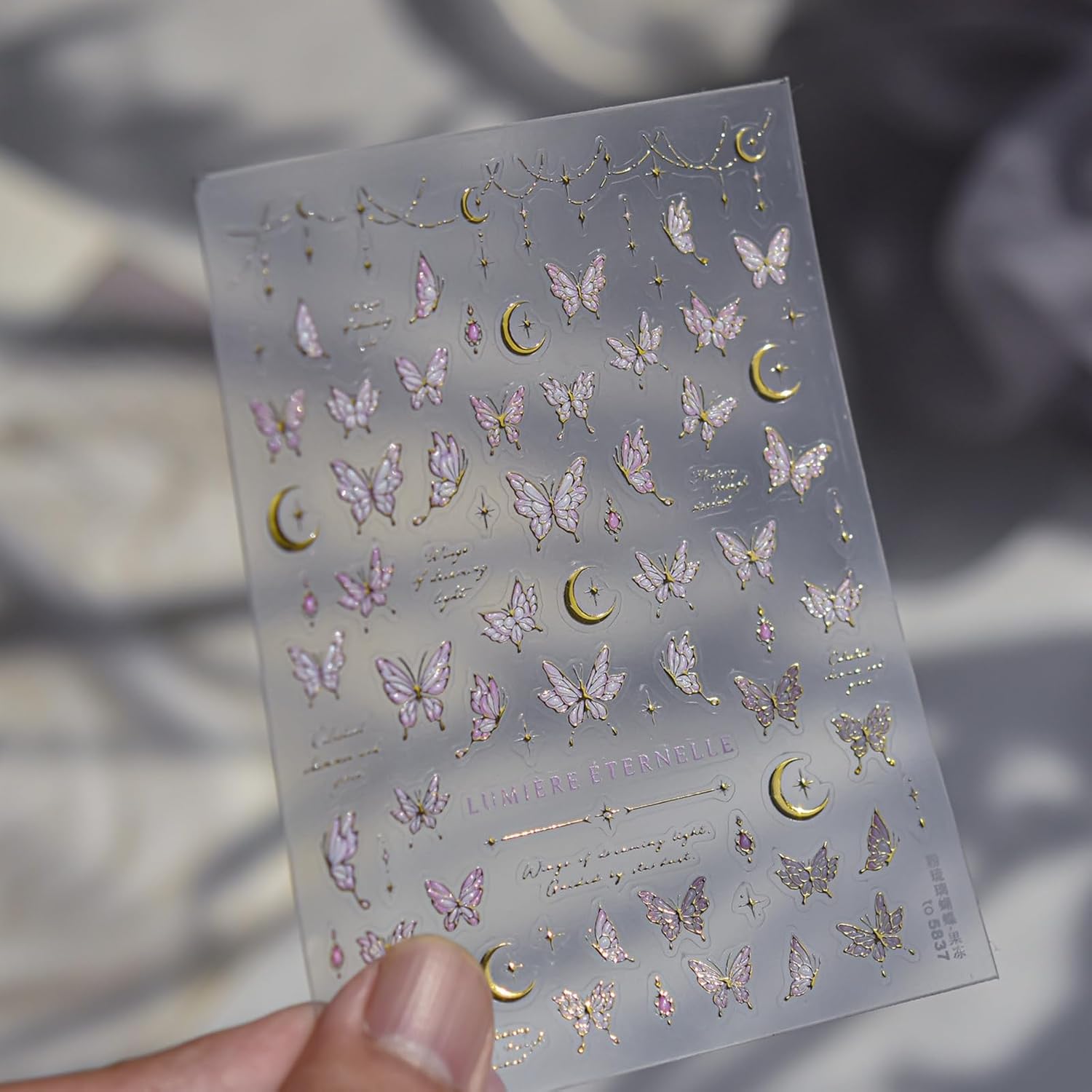 Pink Butterfly Nail Art Stickers with Gold Star Moon Nail Stickers Design image 2