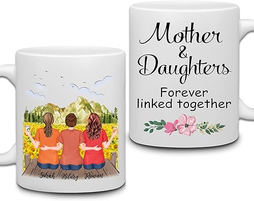 Miniatura 5 de WHIDOBE Taza de café personalizada con texto en inglés Mother Daughter Forever Linked Together taza personalizada para mamá hija con avatares