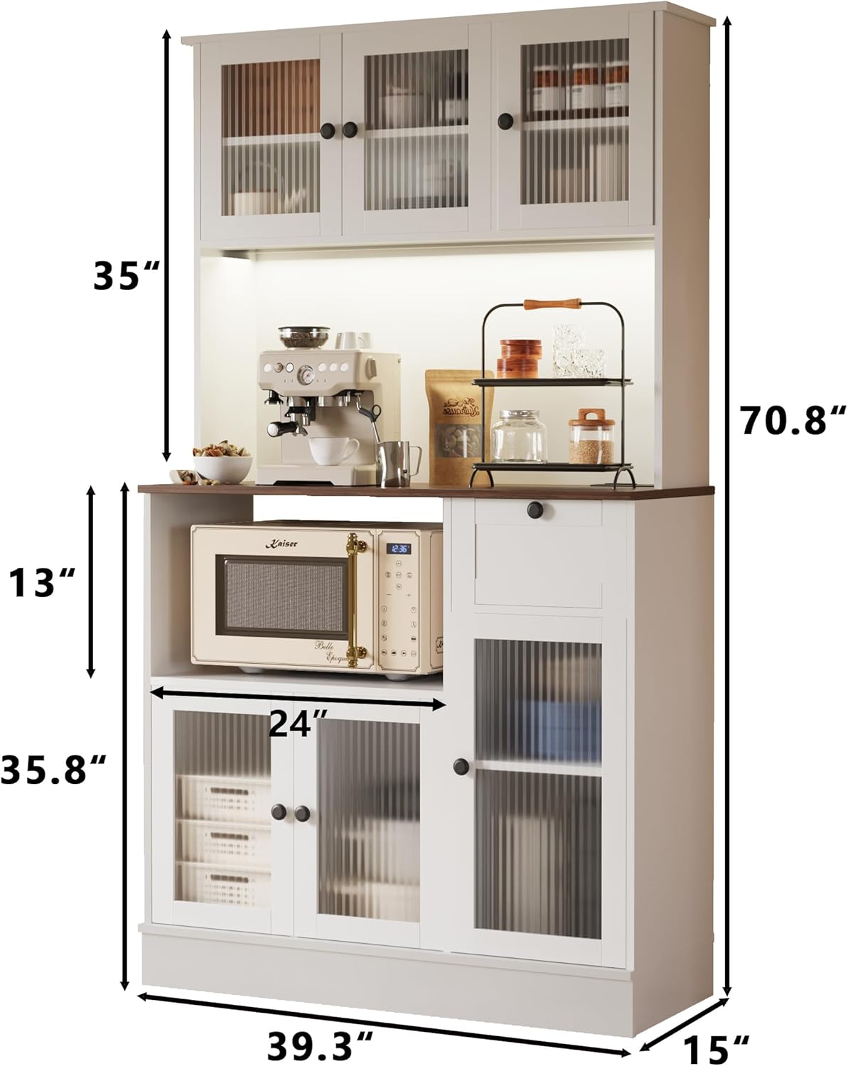 71" Kitchen Hutch Cabinet with Storage for Living & Dining Room, Kitchen Pantry Cabinet with LED Light & Outlet, White and Walnut Tabletop
