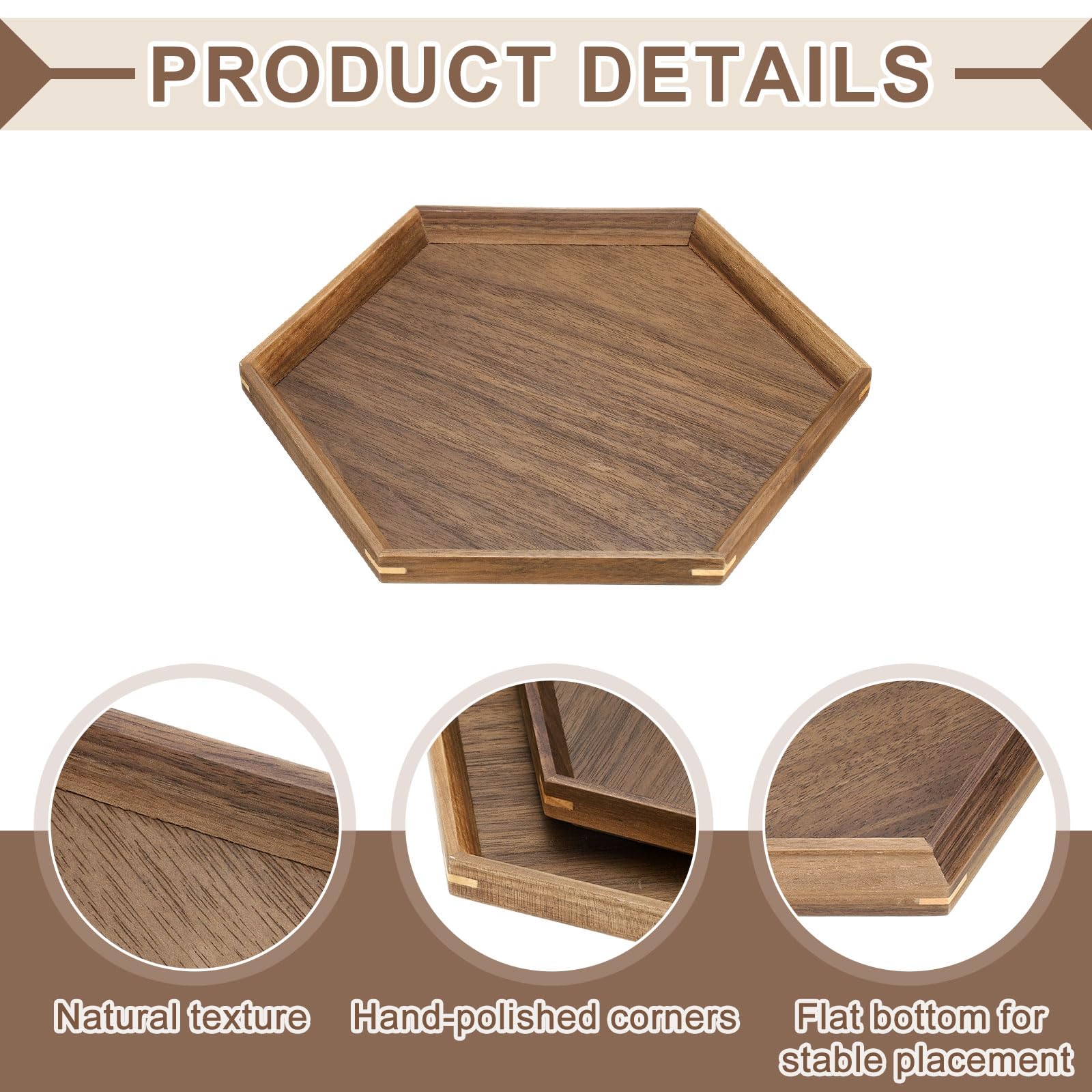 uxcell Plateau de service en bambou, 22 x 22 cm, plateaux de service hexagonaux portables pour nourriture, fruits, collations, pain, coiffeuse, mariages, pique-niques, marron (incliné intérieur)