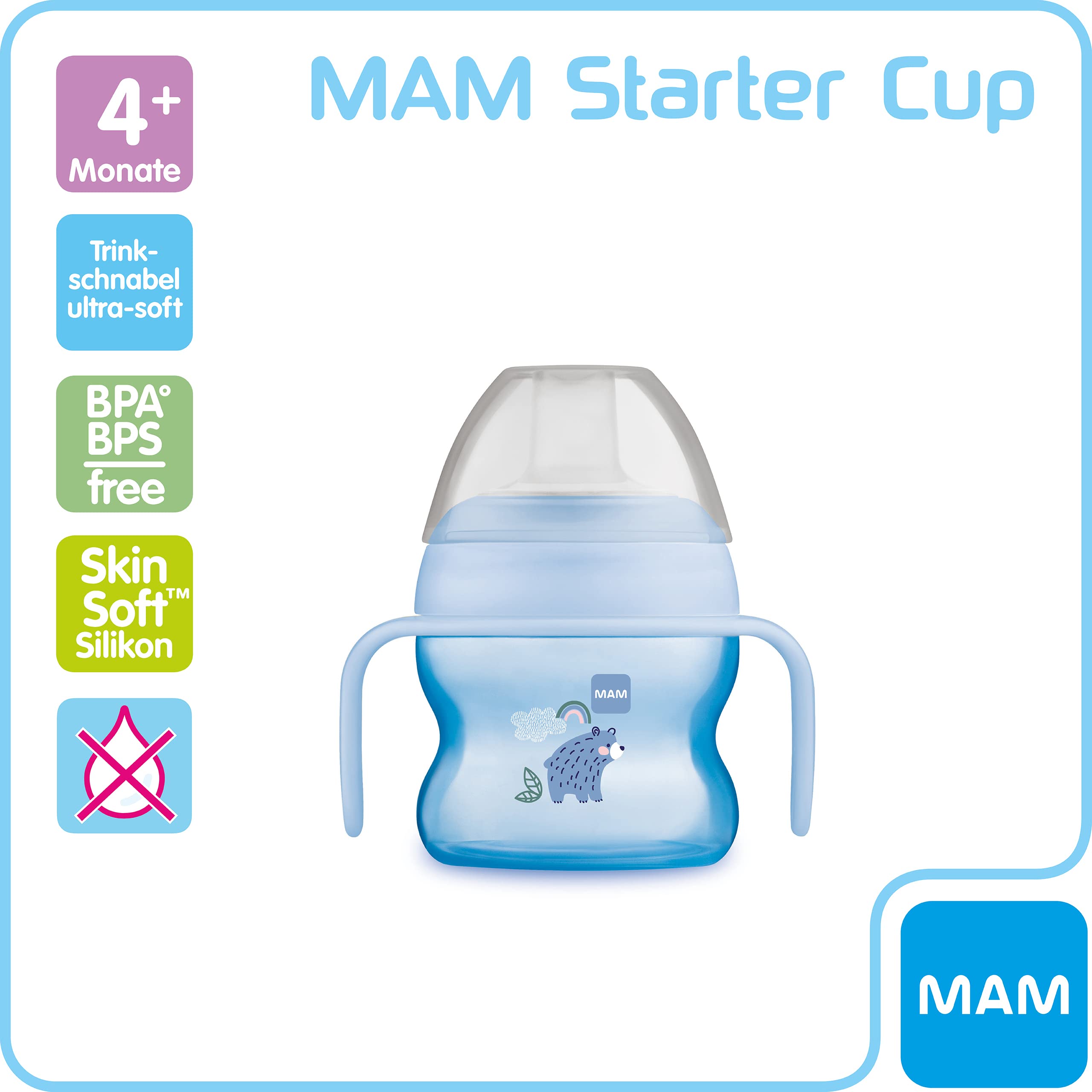 MAM Starter Cup - Borraccia da 150 ml, con manici luminosi e antiscivolo, a partire da 4 mesi, orso