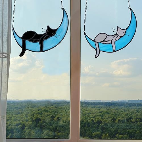 Miniatura 7 de Colgantes de vidrieras de gato dormido en la luna, decoración de gato en luna, regalos conmemorativos de gato, atrapasoles hechos a mano, decoración