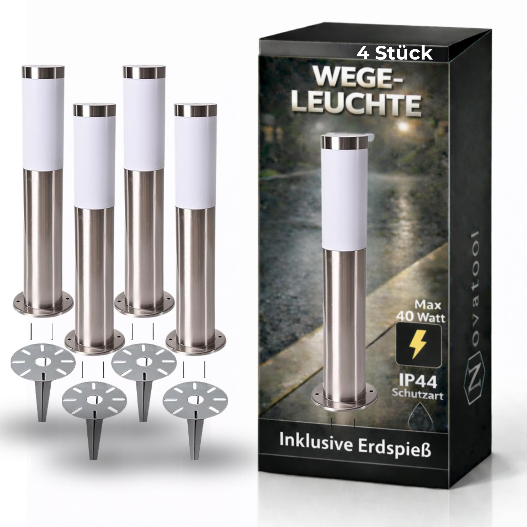 Novatool 4x Wegeleuchte I 45 cm I mit Erdspieß I Edelstahl I IP44 I E27 Sockel I Wegebeleuchtung aussen Aussenleuchten Garten Standleuchte Terassenleuchte Gartenleuchte stehend Terrassenlampe