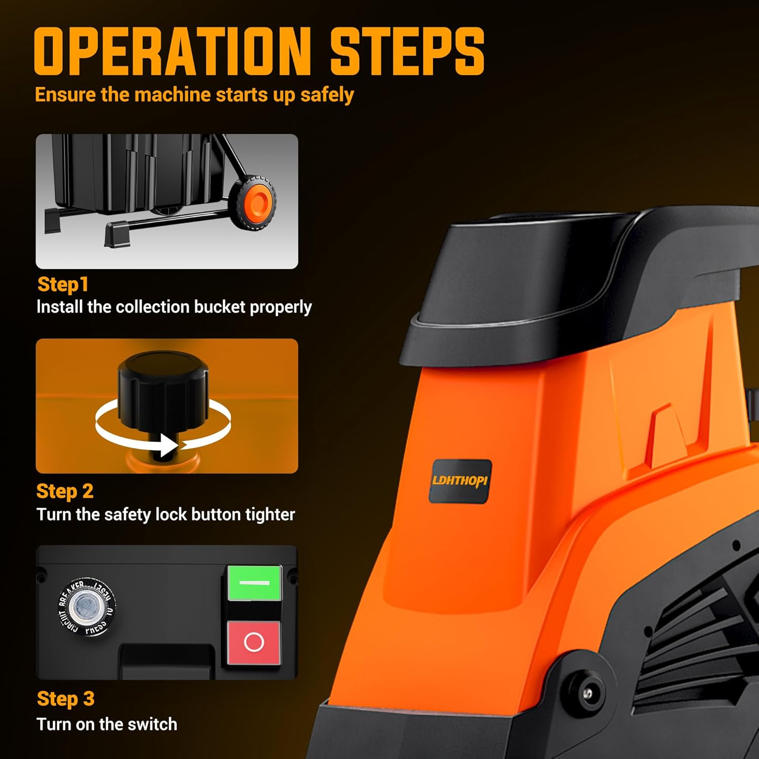 LDHTHOPI Wood Chipper Shredder, 15-Amp 1.8" Cutting Diameter with 50L Collection Bin & Portable Wheels, 1800W Electric Mulcher Shredder for Mulching, Composting and Yard Cleanup, Orange