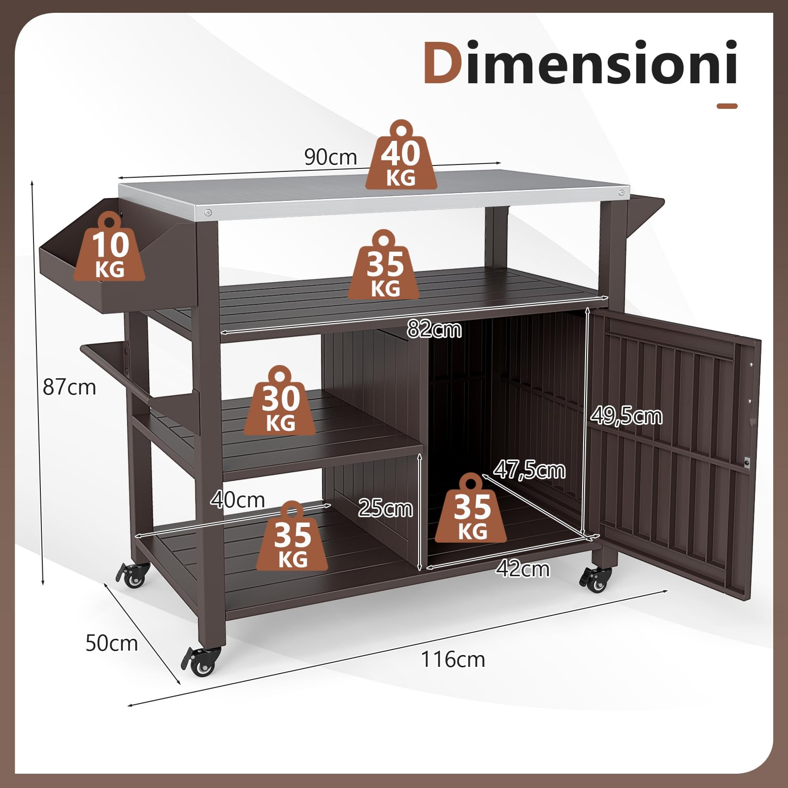 COSTWAY Carrello per Barbecue, Mobile Servizio da Esterno in Acciaio, Isola Cucina per Forno con Ruote Bloccabili, 2 Piani, Armadietto, Portaspezie e Portasacchi, 109 x 45 x 89 cm (Stile 2)