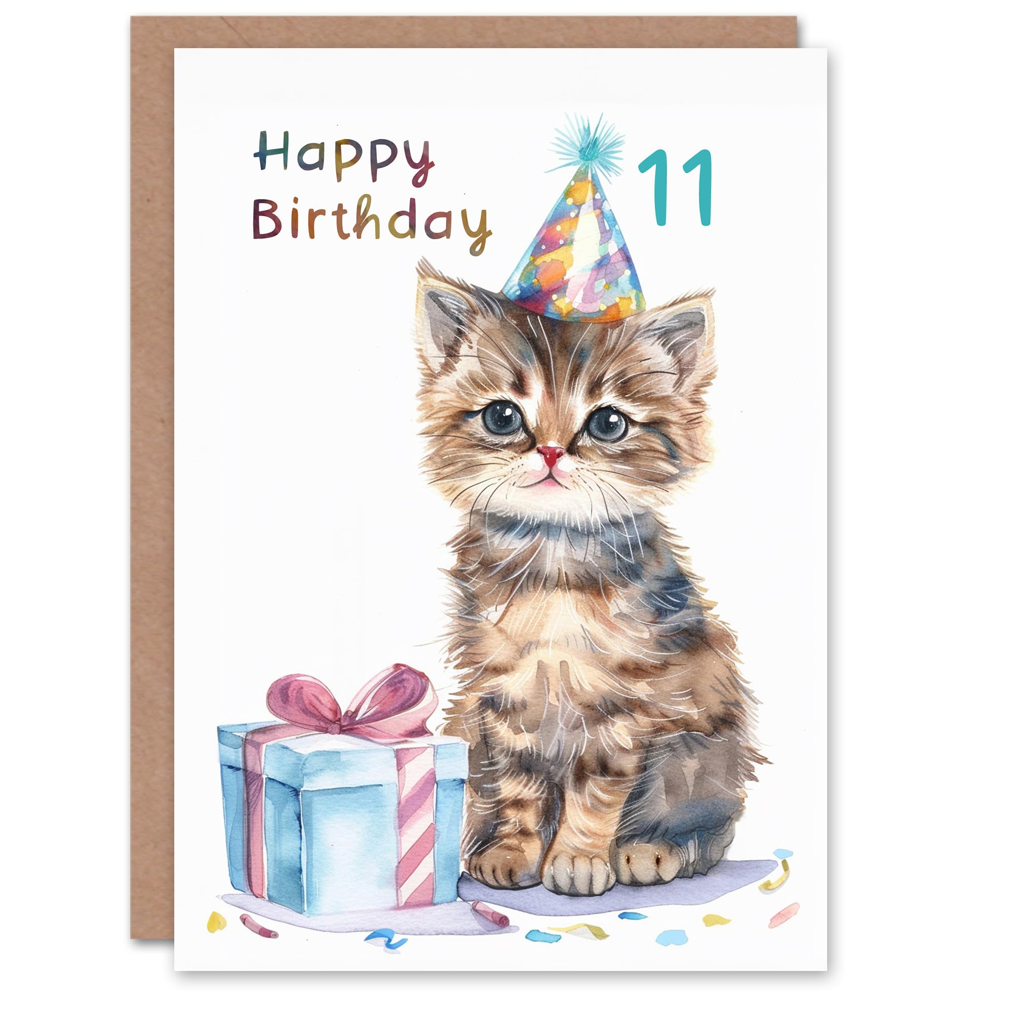 Artery8 11th Birthday Card Cute Baby Cat Kitten Party Hat Kids Age 11 Year Old Child For Son Daughter Girl Boy Happy Card
