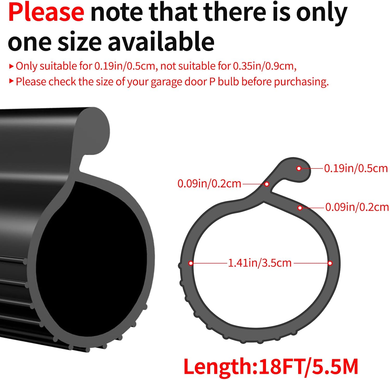 Bettol18 ft 0.19'' P Bulb Garage Door Seal，EPDM Garage Door Seals Bottom Rubber Replacement, Easy DIY Installation, Prevents Drafts, Noise Reduction，Weather Stripping Bottom for Threshold