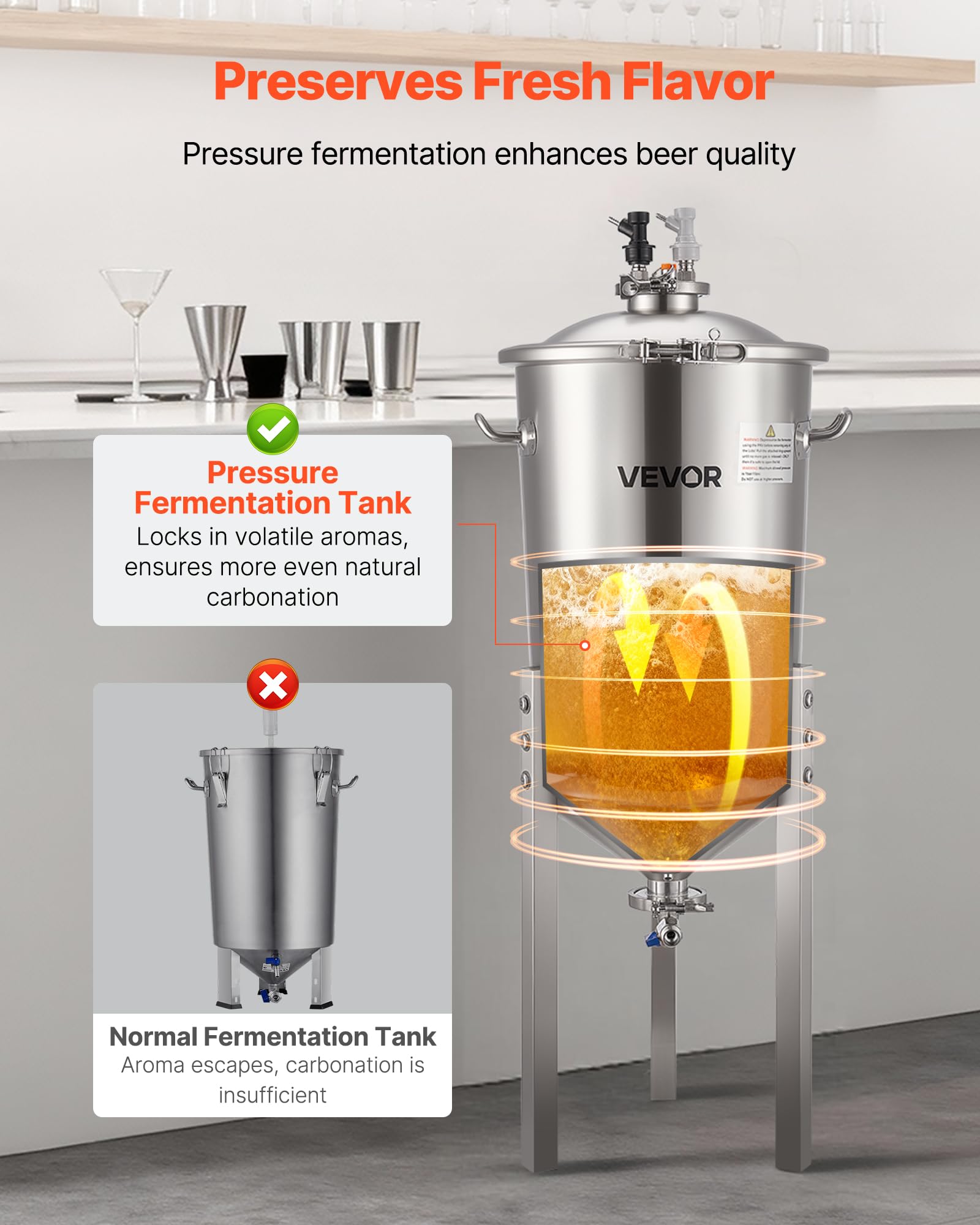 VEVOR Fermenteur Conique 30 L, Cuve de Fermentation en Acier Inoxydable, avec Fond Conique, 3 Pieds Réglables, Couvercle, Poignée et Thermomètre, Équipement de Brassage Fermentation de Bière et Vin