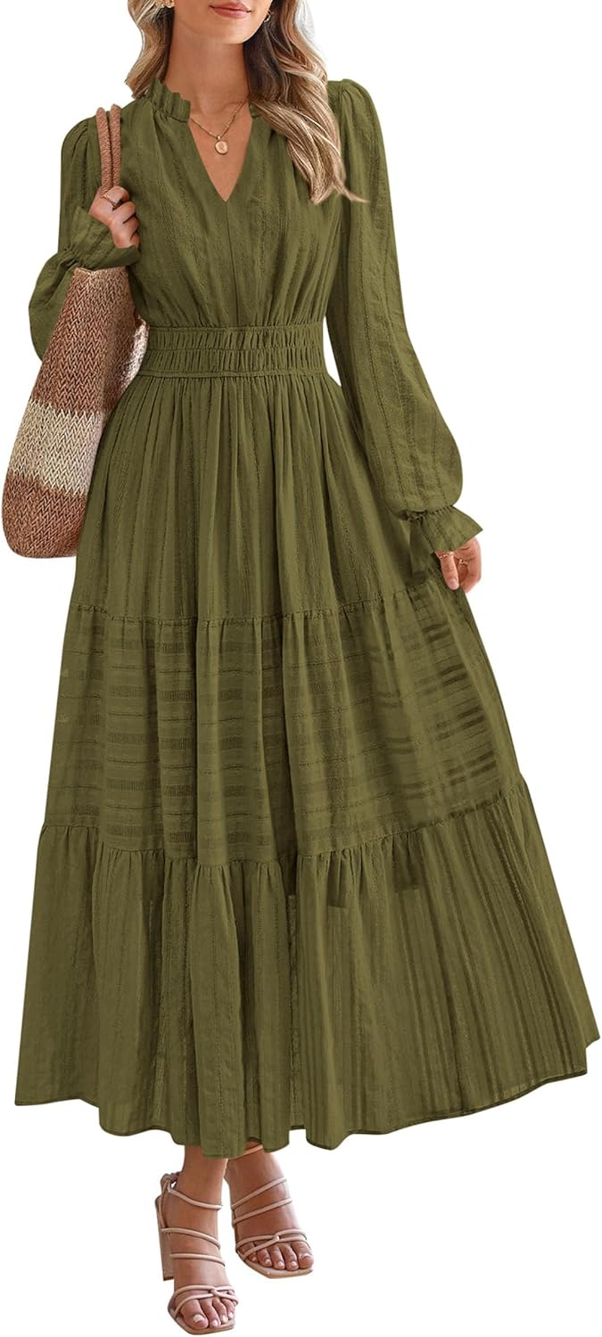 PRETTYGARDEN Women's 2026 Fall Wedding Guest Dresses Long Sleeve V Neck Flowy Elegant Holiday Party Maxi Dress with Pockets