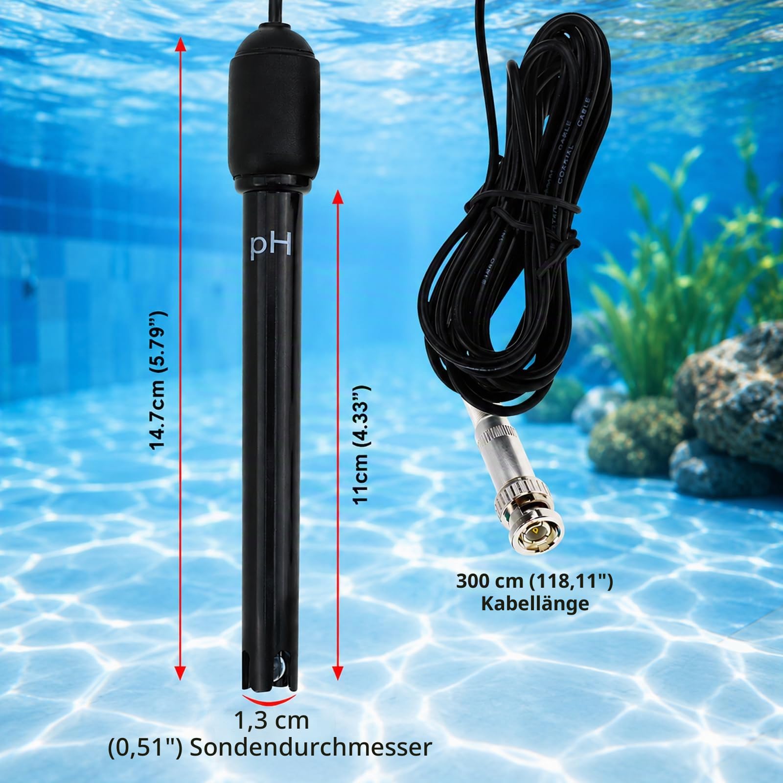 Lange Karosserie pH Elektrode mit BNC Steckdose Sonde 300cm Kabel 0-14pH für pH Meter, pH Regler pH Gerät Wirtschaftlich Sensor