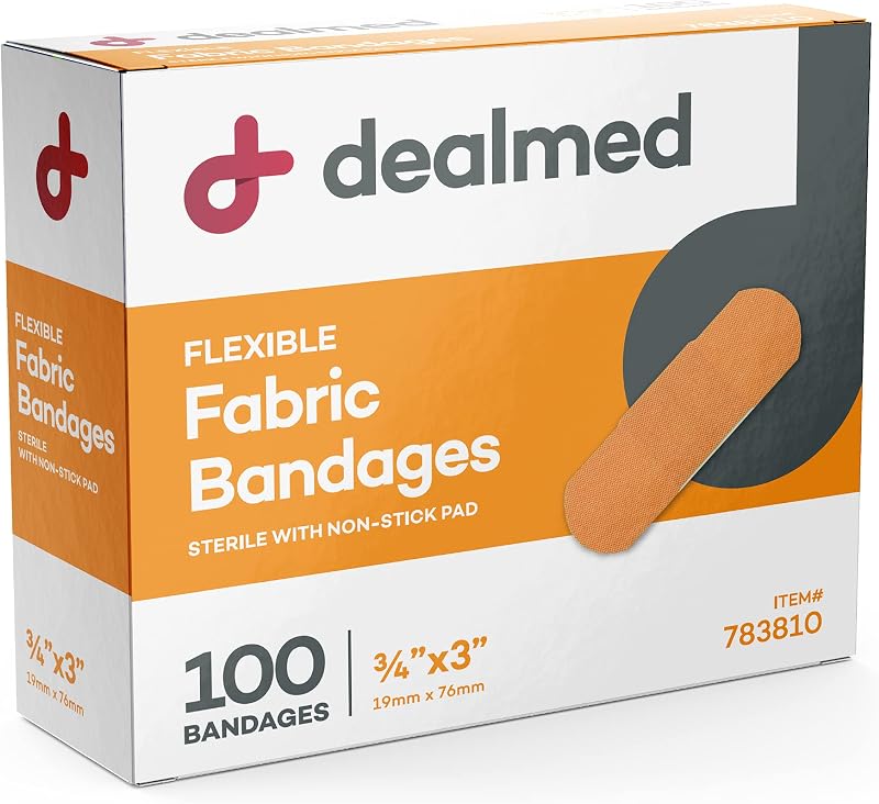 Dealmed Fabric Adhesive Bandages - Non-Stick Pad, Latex Free - 100 Count | 3/4 in x 3 in, Individually Wrapped, Sterile, Tan Color, For Minor Cuts Scrapes, 900 Day Shelf Life