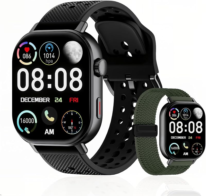 2026 Reloj para correr con GPS de distancia y ritmo para corredores: llamadas y mensajes de texto, pantalla grande AMOLED, natación impermeable hasta 50 m, contador de calorías y pasos, 2 bandas, batería larga, para personas mayores, hombres y mujeres (negro)