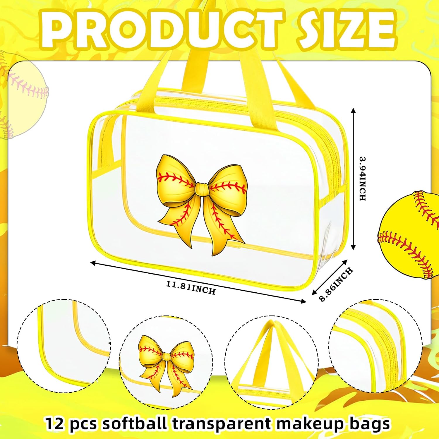 12 Pcs Softball Team Gifts Softball Goodie Snack Bags for Mom Bows Cosmetic Clear PVC Cheer Case Pouch Waterproof Travel Toiletry Handbag Organizer for Makeup Women Girl Gift(Bow)