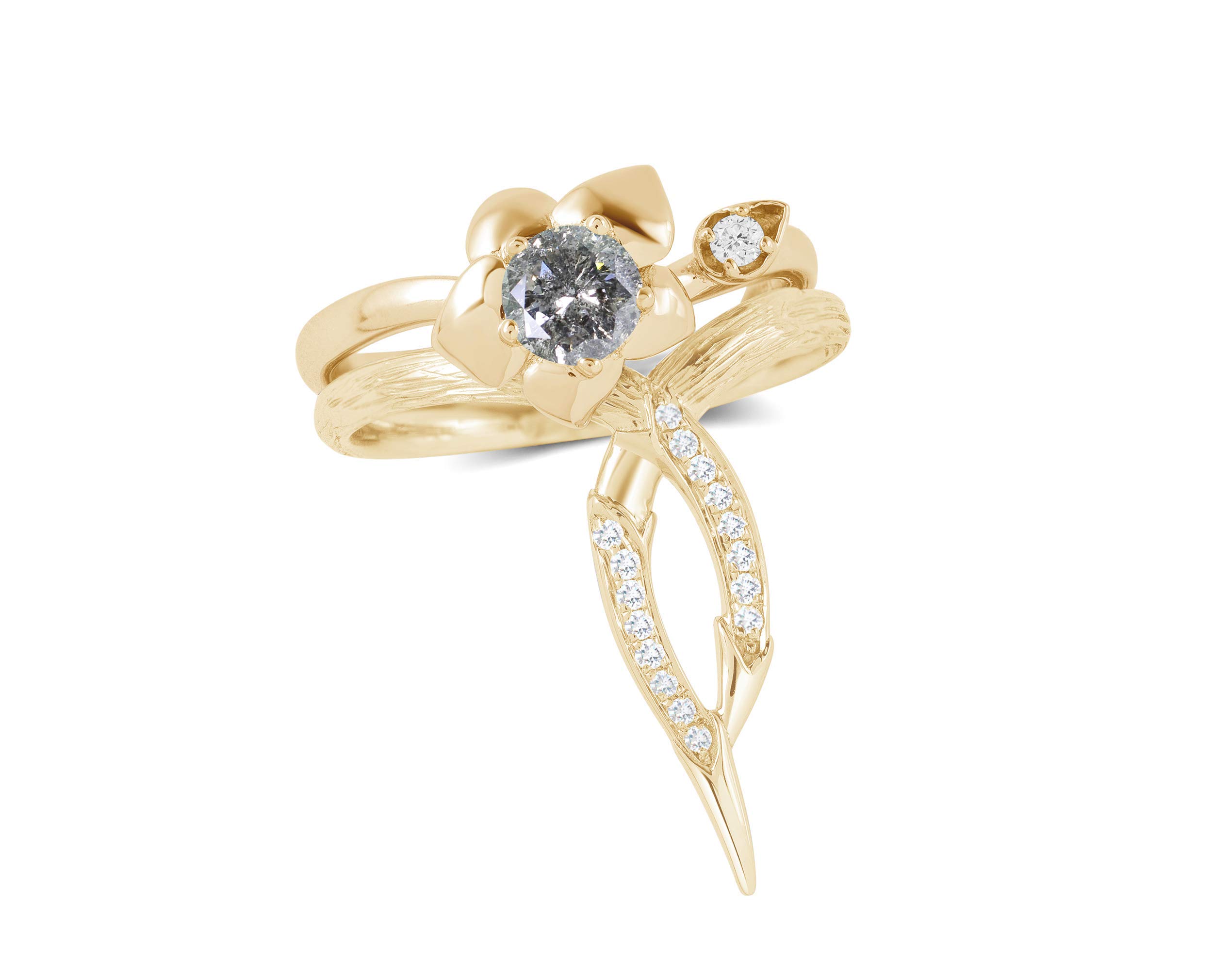 Wedding and engagement ring set-Flower ring-Floral gold ring set-Salt and pepper diamond ring-Orchid ring set for women-Ring set yellow gold