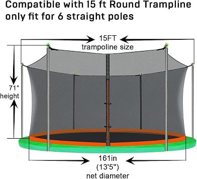 Jump Tastic Trampoline Trampoline Net Replacement with 6 PoleCaps, 12 ft 14 ft 15 ft Trampoline Net Round Safety Trampoline Net UV-Resistant Weather-Resistant Breathable Durable Net(Not Include Poles)