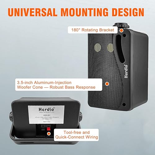 Miniatura 5 de Herdio Altavoces para exteriores de 3.5 pulgadas con cable, impermeable, sistema de altavoces de montaje en pared con 400 vatios de graves potentes