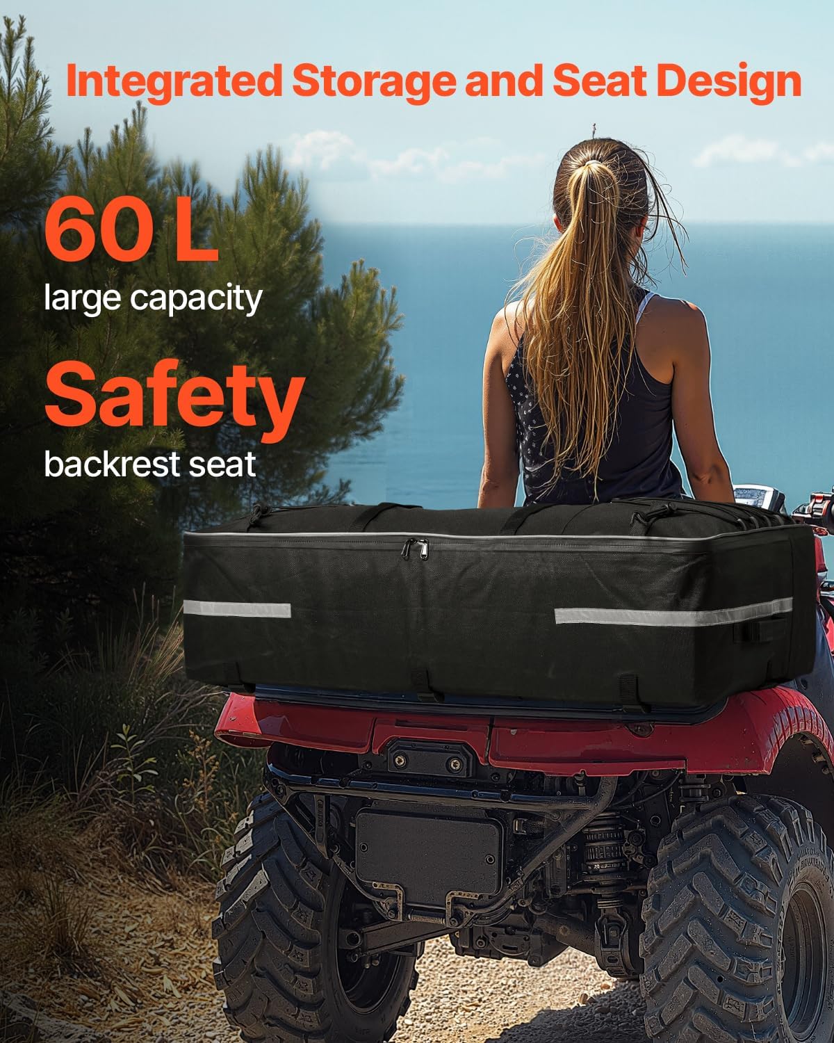 VEVOR 60L ATV Rear Storage Bag, 600D Oxford Cloth ATV Cargo Storage Bag with Backrest & Waterproof Cover, Back Seat Gear Bags Fit Most ATVs with Rear Rack - Compatible with ATVs, UTV, Can-Am Vehicles