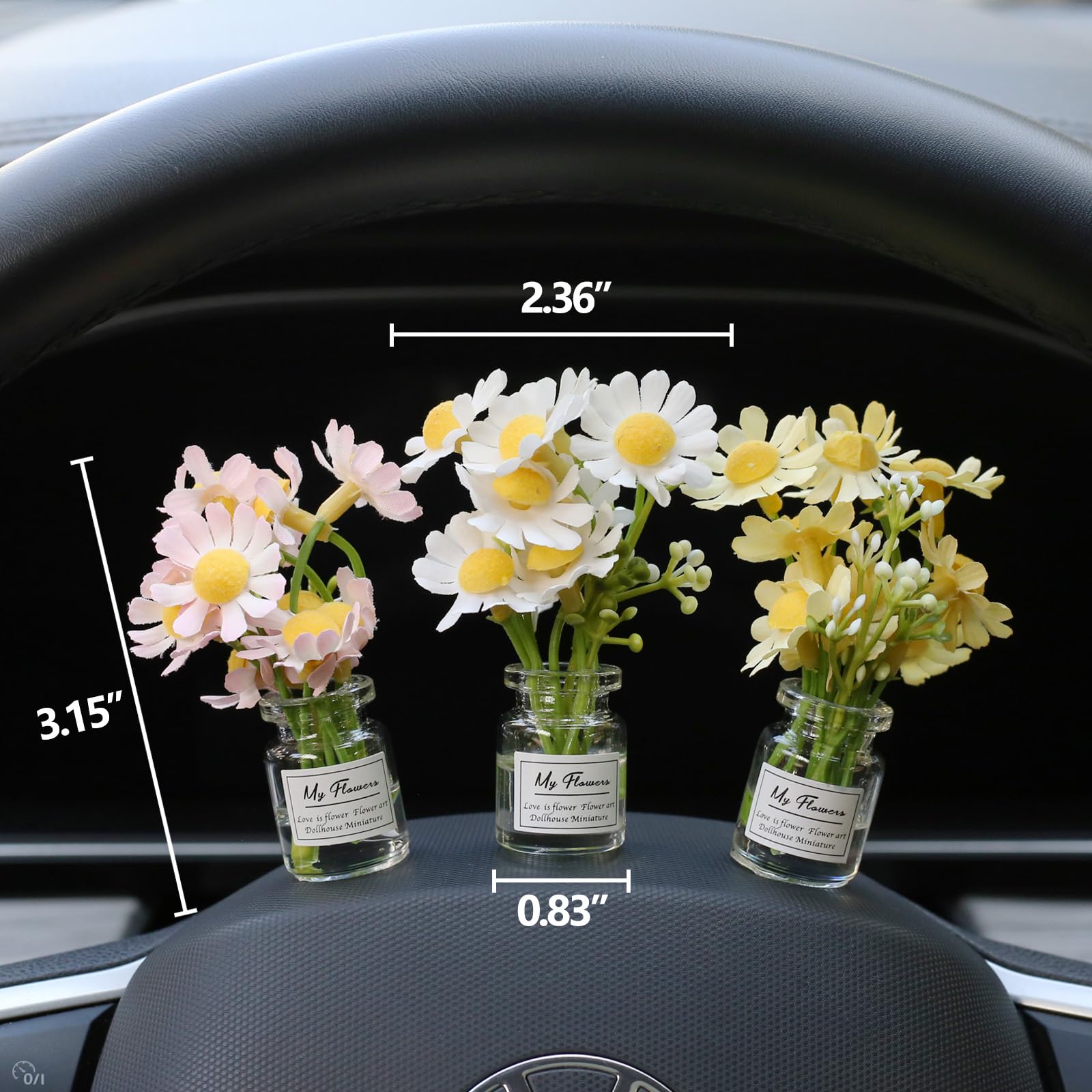 Daisy Flower Car Accessories for Women Interior Aesthetic, 3 Pcs Daisy Cute Car Dashboard Decorations