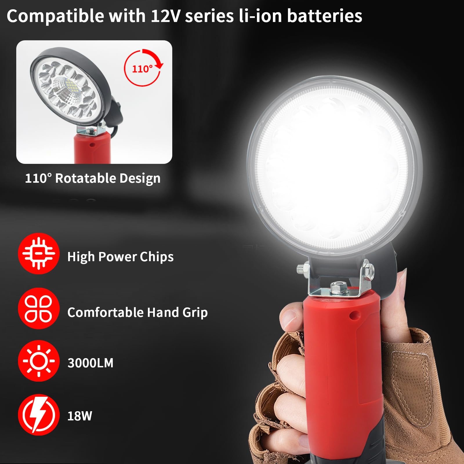 2000LM 12W Cordless LED Work Light Compatible with Milwaukee M12 12V Battery, Portable Flashlight Battery Powered Flood Light with 110°Rotatable & 2 Modes for Indoor Outdoor Camping Emergency