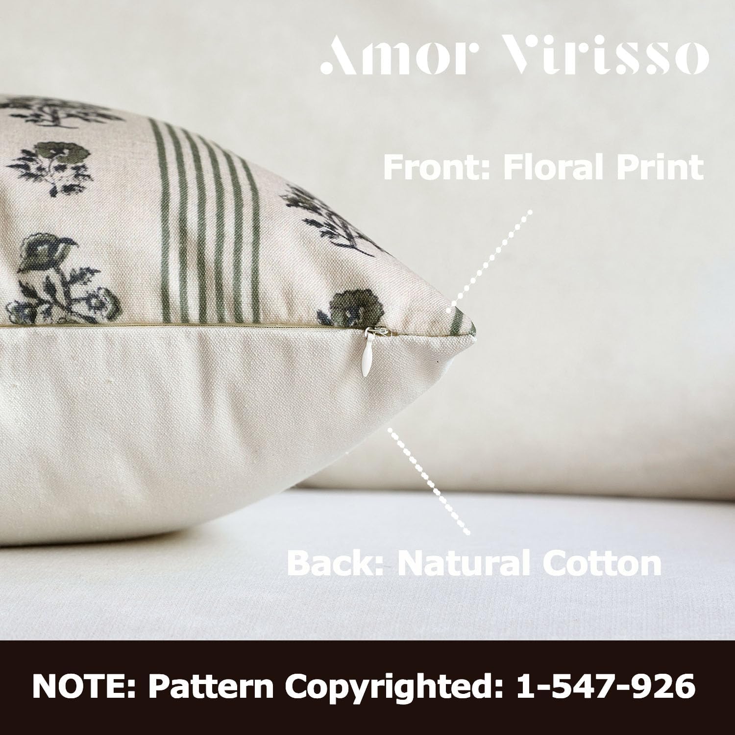 Amor Virisso Floral Throw Pillow Covers 18x18 Set of 2 Block Print Pillow Covers Neutral Floral Striped Farmhouse Decorative Pillow Covers for Sofa Couch Bed, Dusty Green - Image 2