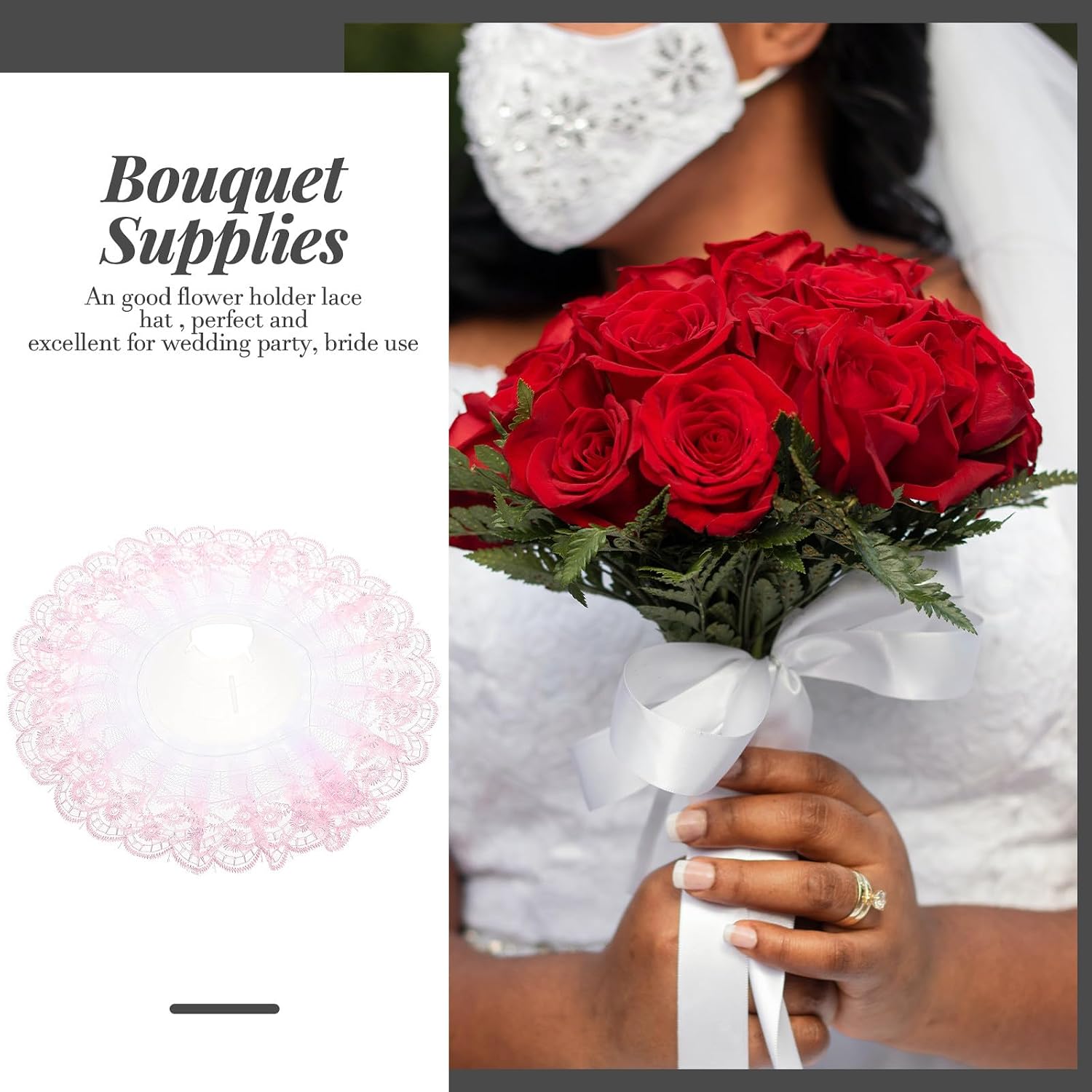 Balacoo 6pcs Pink Bouquet Lace Hat Floral Holder for Bride Wedding Flower Arrangements Bridal Supplies
