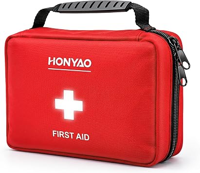 HONYAO  First Aid Kit 220 Pcs, First Aid Bag with Premium Waterproof Nylon Shell, Medical Kit for Home Workplace Car School Outdoor Camping, Includes Plasters, Cold Pack, Emergency Blanket etc. Red