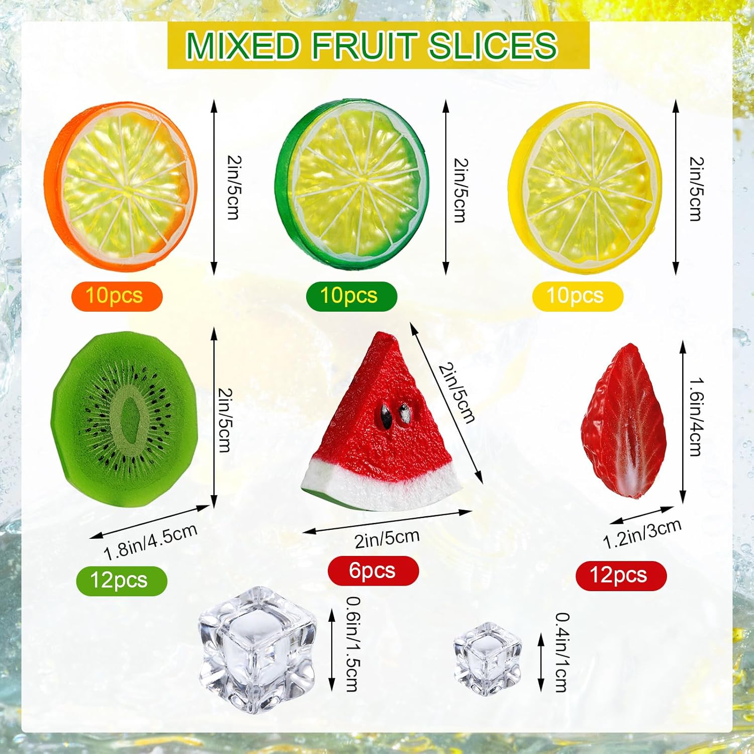 Juexica 85 Pcs Fake Fruit Slices Ice Cubes Artificial Fruits for Decoration Fake Lemon Slices Watermelon Strawberries Kiwi with Ice Rocks for Tumblers Vase Decor Bake Crafts